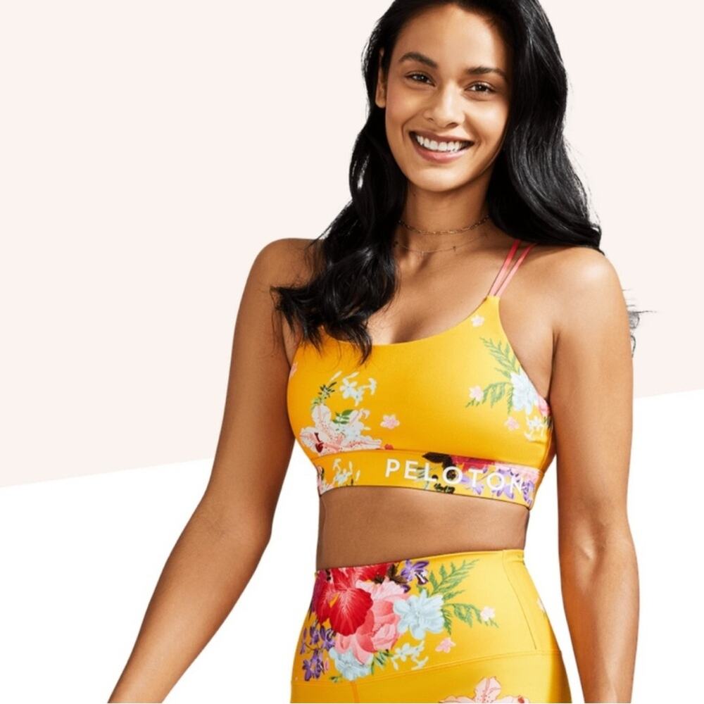 Peloton Speed Up Bra saffron yellow floral pink AAPI strappy crisscross